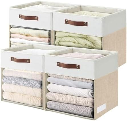 Bagnizer Storage Cubes, 4 Pack Linen Foldable Storage Bins with Clear Window and 2 Handles, 13x15x13 Storage Cube Bins for Shelf Closet, Kallax, Clothes, Books - (Beige / Off-White)