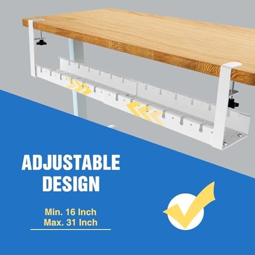 No Drilling Extendable Under Desk Cable Management, Metal Cable Management Tray Under Desk with Clamp, Retractable Power