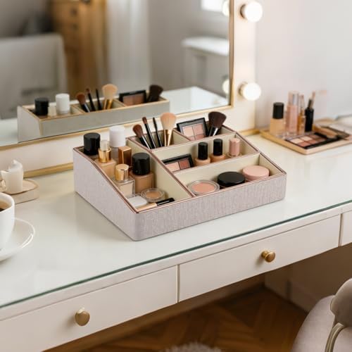 PU Leather Makeup Organizer Tray,Large Vanity Organizer,Cosmetic Storage Box for Lipstick Brushes Skincare Perfume,Cosme