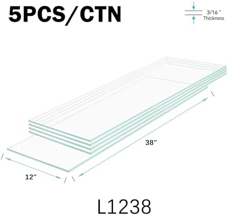 12" W x 38" L - Tempered Rectangle Glass Shelf Without Frame (5 Pieces Set) - 3/16" Thick -Pencil Polished