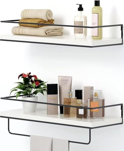 Shario White Floating Shelves - Set of 2, Wall Mounted Hanging Shelves with Black Towel Rack, Decorative Storage Shelves