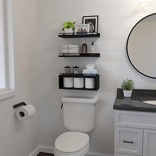 WOPITUES Floating Shelves for Wall with Cube Shelf, Wall Shelves with Metal Rail for Bathroom Decor, Bathroom Organizers