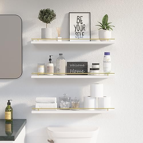 WOPITUES Floating Shelves 24 inch with Gold Metal Guardrail, Shelves for Wall Decor Set of 3, Wall Shelves for Bedroom, 