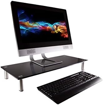 Monoprice Medium Multimedia Desktop Stand, Black Glass (27.6" x 12.2" x 3") - Stand & Riser, Laptop Stand, Desktop TV St