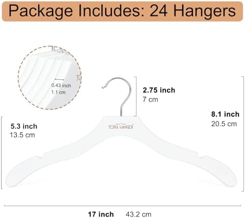TOPIA HANGER Wooden Hangers for Women, Premium Sweater Hangers No Shoulder Bump, 360° Swivel Hook and Cut Notches Clothes Hangers for Sweater, Coat, Shirts, Hoodies, Dress, 24 Pack White CT85W