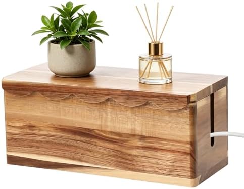 Large Cable Management Box Scalloped Edge, Acacia Wood Cable Organizer Box & Power Strip Box for Electrical Cord Managem