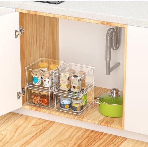 SpaceHacks 6 Pack Stackable Plastic Makeup Organizer Drawers, Acrylic Organizers, Clear Storage Bins with Pull-Out Handl