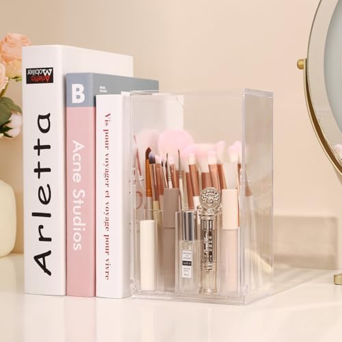 Acrylic Makeup Brush Holder with Lid for Vanity, 17-Slots Large Capacity