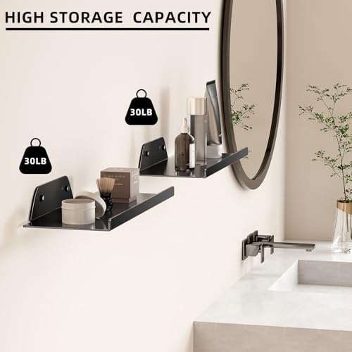 Floating Shelves for Wall, Wall Shelves, Off Center Metal Shelves for Living Room, 12” Modern Black Hanging Shelves for 