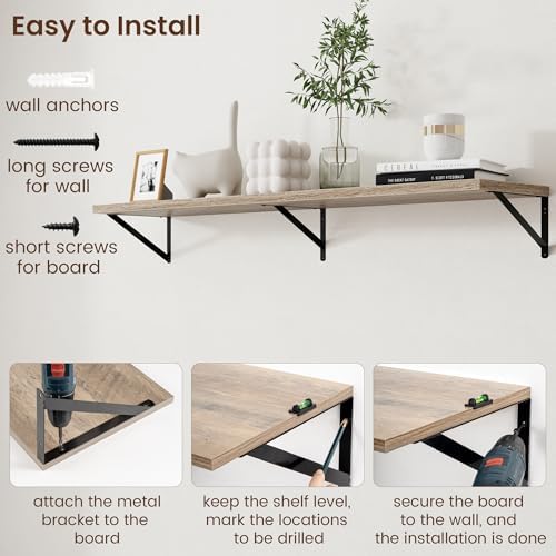 Axeman 12 Inch Deep Floating Shelves for Wall - 55 Inch Wide x 12 Inch Deep Wall Shelves Set of 2 - Rustic Grey Wood Flo