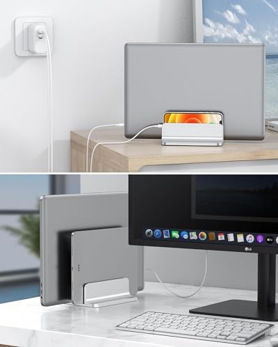 OMOTON Dual Vertical Desk Laptop Stand Holder, Fits MacBook Air/Pro, Silver