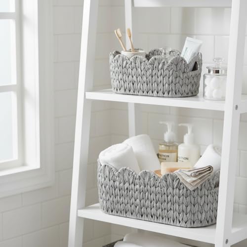 Coeusy Wicker Scalloped Basket Set of 2,Woven Storage Baskets for Shelves,Closet,Laundry,Gift,Towels,Books,Toys,Waterproof Cute Decor Basket for Organizing,Grey
