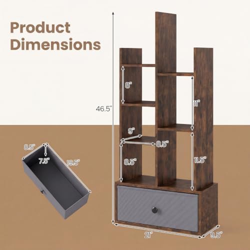 GIANTEX 5-Cube Bookcase with Large Drawer, Industrial Freestanding Open Display Shelving with Anti-toppling Device, 7 St