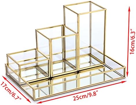 Hipiwe Set of 4 Gold Glass Makeup Brush Holder Organizer with Vanity Tray