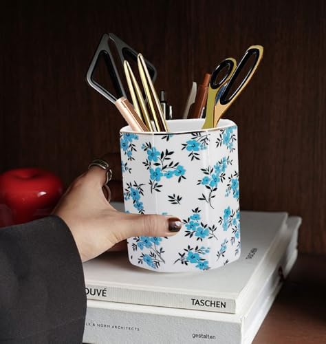Pen Holder, Makeup Brush Holder Ceramic Shiny Gold Spring Floral Pattern Pencil Cup for Girls Kids Women Durable Stand Desk Organizer Storage Gift for Office, Classroom, Home (Teal Blue)