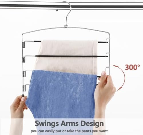 FeeraHozer Pants Hangers Non Slip 3 Pack Space Saving Hangers Multi-Layer Swing Arm Pants Hanger Stainless Steel Space Saver Hanger Closet Storage Organizer for Jeans Trouser Slacks Clothes (Black)