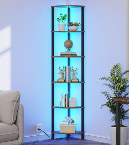 VIMBER 6-Tier Corner Shelf with LED Light, Industrial Corner Ladder Shelf, Rustic Display Shelf for Living Room, Bedroom