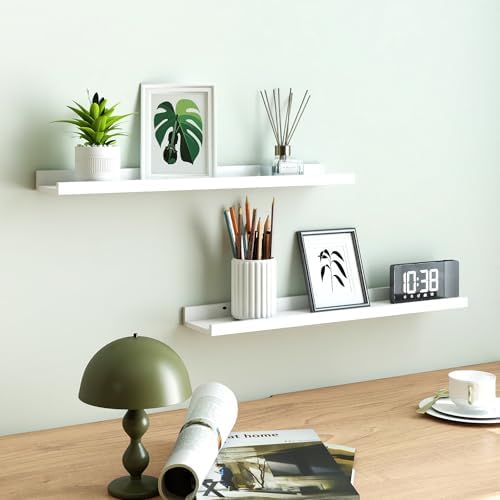 White Floating Shelves for Wall Decor, 24 in Shelf with Lip Set of 2