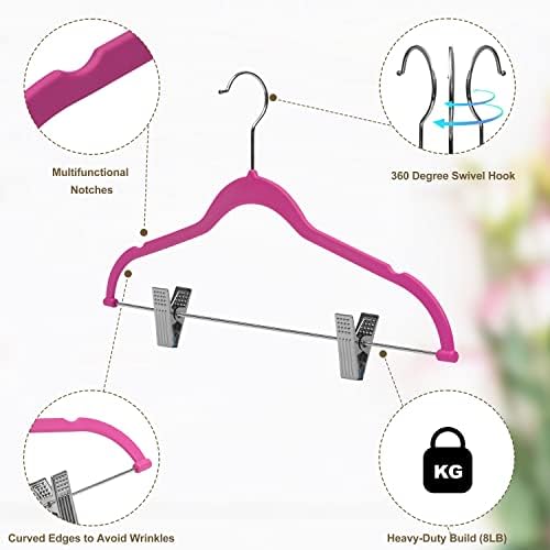 80 Pack Pink Quality Plastic Non Velvet Non-Flocked Thin Compact Coat Hangers with Metal Clips for Skirts Pants Blouses 360° Swivel Hook