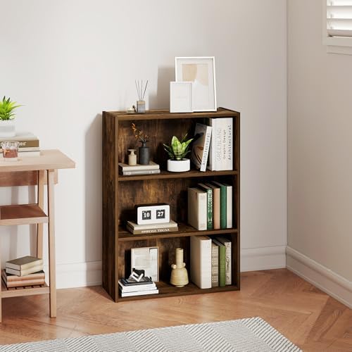 Wooden Book Shelf with Three Display Shelves, Three Tier Open Wood Shelf Bookcase, Bookshelf for Classroom, Brown