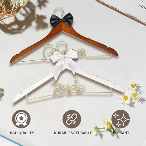 2 Pcs Bride Hanger for Wedding Dress, Bride and Groom Wooden Wedding Hangers Set, Wooden Bridal Dress Hanger with Party Shower Gift