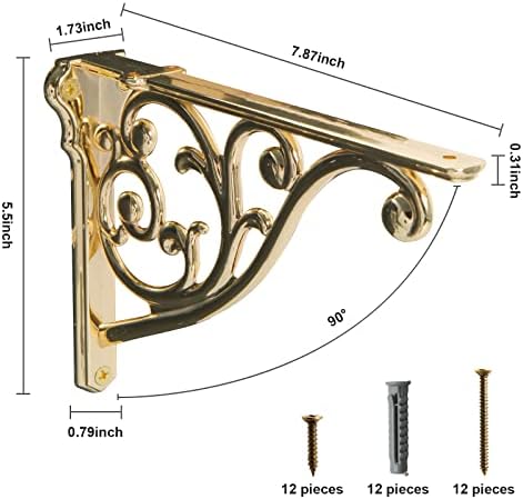 khtumeware Shelf Brackets 8 Inch 4pack Heavy Duty Gold Brass Wall Bracket Baroque Kitchen Decorative Rack Shelves, Inclu