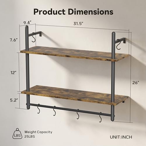 Merapi 31.5" Industrial Pipe Floating Shelf with Towel Bar & Hooks