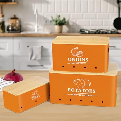 Kitchen Vegetable Storage Set of 3, Metal Onion Garlic Potato Storage Set, Kitchen Canisters Vegetable Keeper Containers