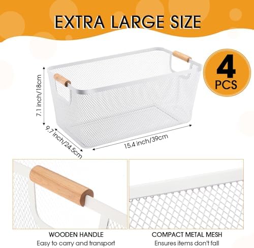 Ziliny 4 Pcs Mesh Wire Baskets for Organizing, Extra Large, Cream White