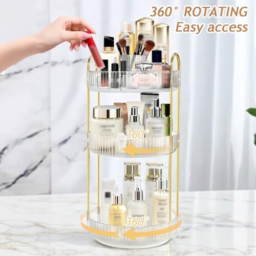 Rotating Makeup Organizer for Vanity, 9" D x 19" H, 3-Tier (White)