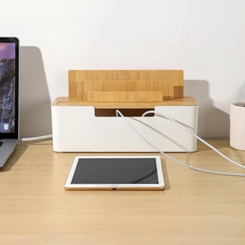Catekro Cable Management Box with Bamboo Lid Cell Phone Tablet Holder Plug Data Cable Storage Charging Organizer Charger