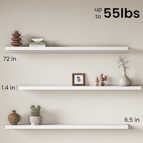 72 Inch Floating Shelves for Wall, Rustic Wood Wall Mounted Deep Storage Shelves with Invisible Brackets, Panoramic Deco