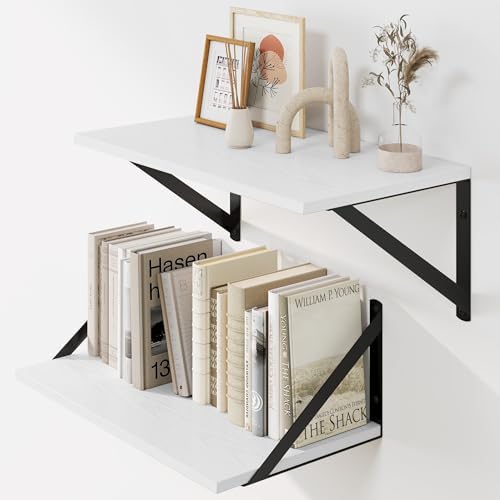 Heimlove White Deep Floating Shelves for Wall, 16W x 8D Wood Wall Shelves Set of 2, Wide Floating Bookshelf for Living R