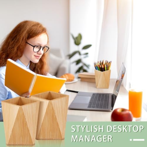 Henoyso 2 Pcs Bamboo Wood Pen Pencil Holder Geometric Pencil Cup Stand Makeup Organizer for Pen Holder Desk Home Office Adults(Bamboo)