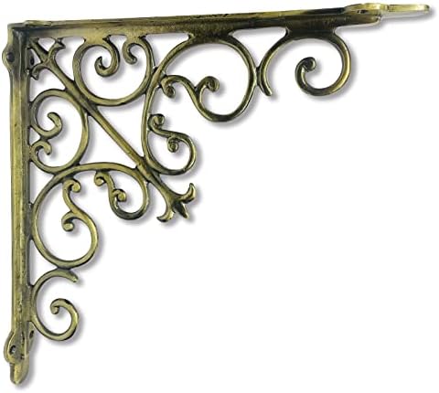 NACH Decorative Shelf Brackets, 1 Pack of 15 x 2 x 15 inch, Gold Cast Iron Wall Shelf Brackets - Decorative Bookshelf Br