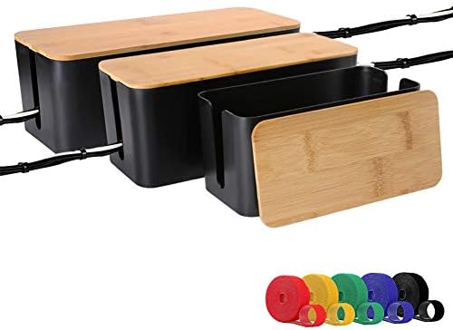 [Set of Three] Cable Management Organizer Box, Large Storage Bamboo Lid Wires Concealer Holder for Home, Office, TV, Com