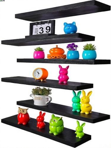 Vervida® Black Floating Wall Shelves 24in Set of 6 Holds 37 Lbs Hidden