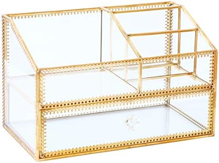 Golden Glass Box Vanity Tray Glass Case Makeup Display Organizer on Dresser, Multifunctional Cosmetic Storage for Palett