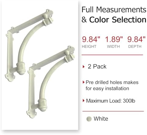 NACH Decorative Shelf Brackets, 2 Pack of 9.6 x 1.7 x 9.6 inch White Cast Iron Shelf Brackets - Decorative Brackets Whit