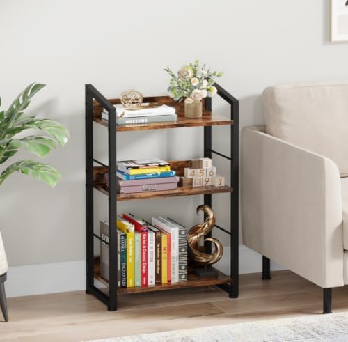 Hosfais Book Shelf Small Bookshelf: 3-Tier Wood Bookcase Industrial Bookshelf with Edge Protection Metal Narrow Bookcase