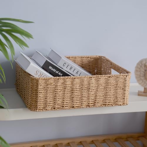 Rectangular Woven Paper Rope Storage Baskets for Shelves(Desert)