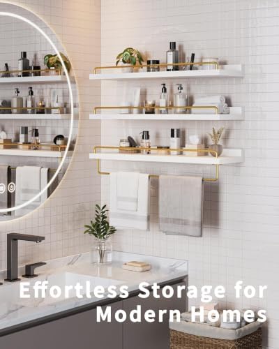 Seocry Bathroom Shelves, Wall Shelf Set of 3, Floating Shelves, Shelves for Room Wall, Bathroom Decor (White Gold, 23.1 