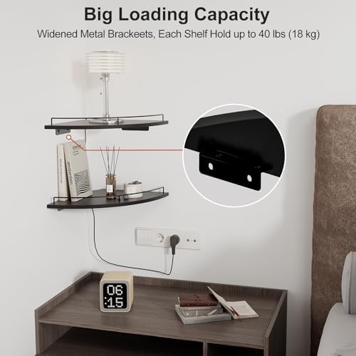 JJL Corner Shelf Wall Mounted, 12 Inches 2-Tier Floating Corner Shelf, Fan-Shaped Rustic Wood Decor with Fence, Black Wa