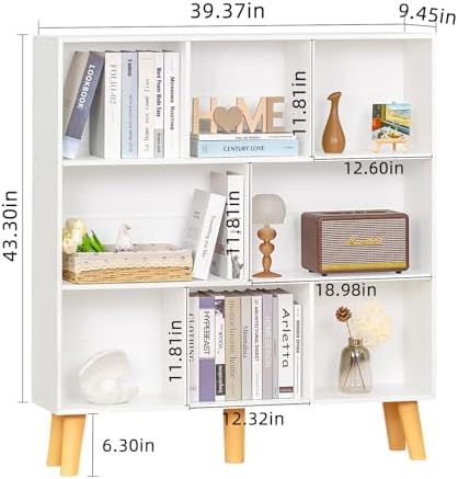 YAHARBO 8 Cube White Bookshelf,3 Tier Book Shelf with Legs,Modern Minimalist Bookcase,Open Book Shelves Storage Organize