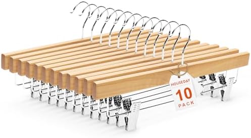 HOUSE DAY Wooden Pants Hangers with Clips, 10 Pack Skirt Hangers, Natural