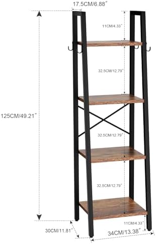YMYNY 4 Tiers Ladder Bookcase, Industrial Narrow Bookshelf, Open Display Rack with 4 S Hooks, Metal Storage Shelves for 