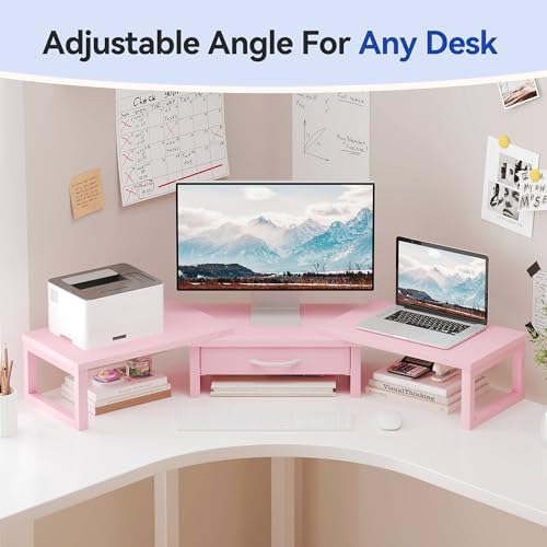 Desk Organizers and Accessories, Dual Monitor Stand Riser with Drawer, Computer Monitor Stand, Adjustable Desk Shelf for