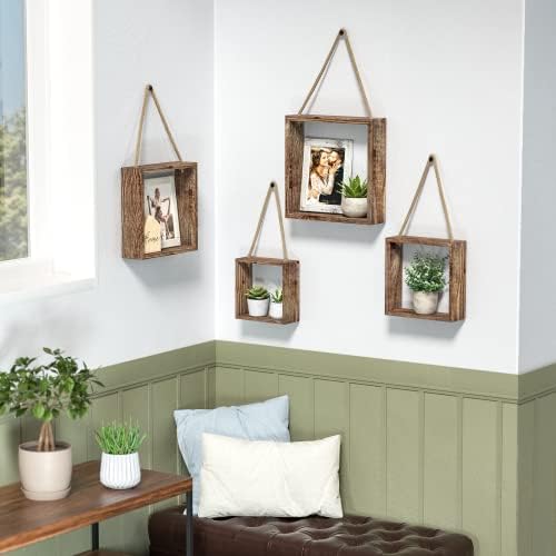 J JACKCUBE DESIGN Floating Hanging Square Shelves Wall Mounted Rustic Wood Cube Display Shelf Shadow Boxes Decorative Boho Home Décor for Living Room, Bedroom, Office, Set of 4 (Brown) - MK571B