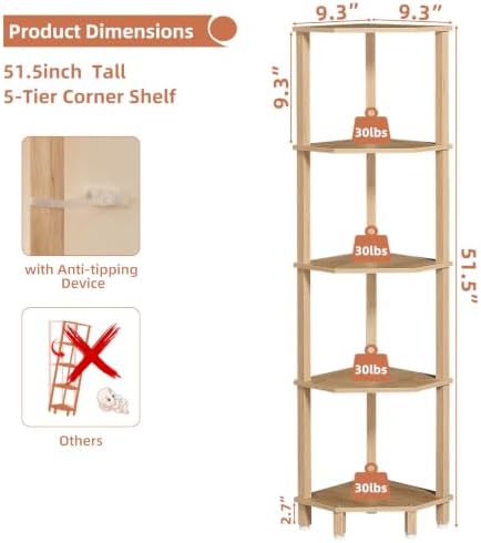YUFAM 5-Tier Corner Shelf, Natural