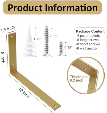 Shelf Brackets 12 Inch Wall L Brackets 4PCS Heavy Duty for Shelves Metal Gold Rustic Industrial Brackets for DIY Opening